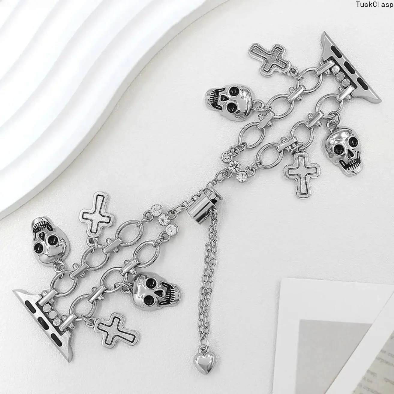 Vintage Gothic Skull Cross Metal Chain Watch Band, Silver Skeleton Charm Jewelry Bracelet Compatible with Apple Watch Ultra 2, SE & Series 1–11, Adjustable Extension Wristband for Women, Gothic Fashion Accessory for Daily Wear, Back-to-School Outfits & Ca