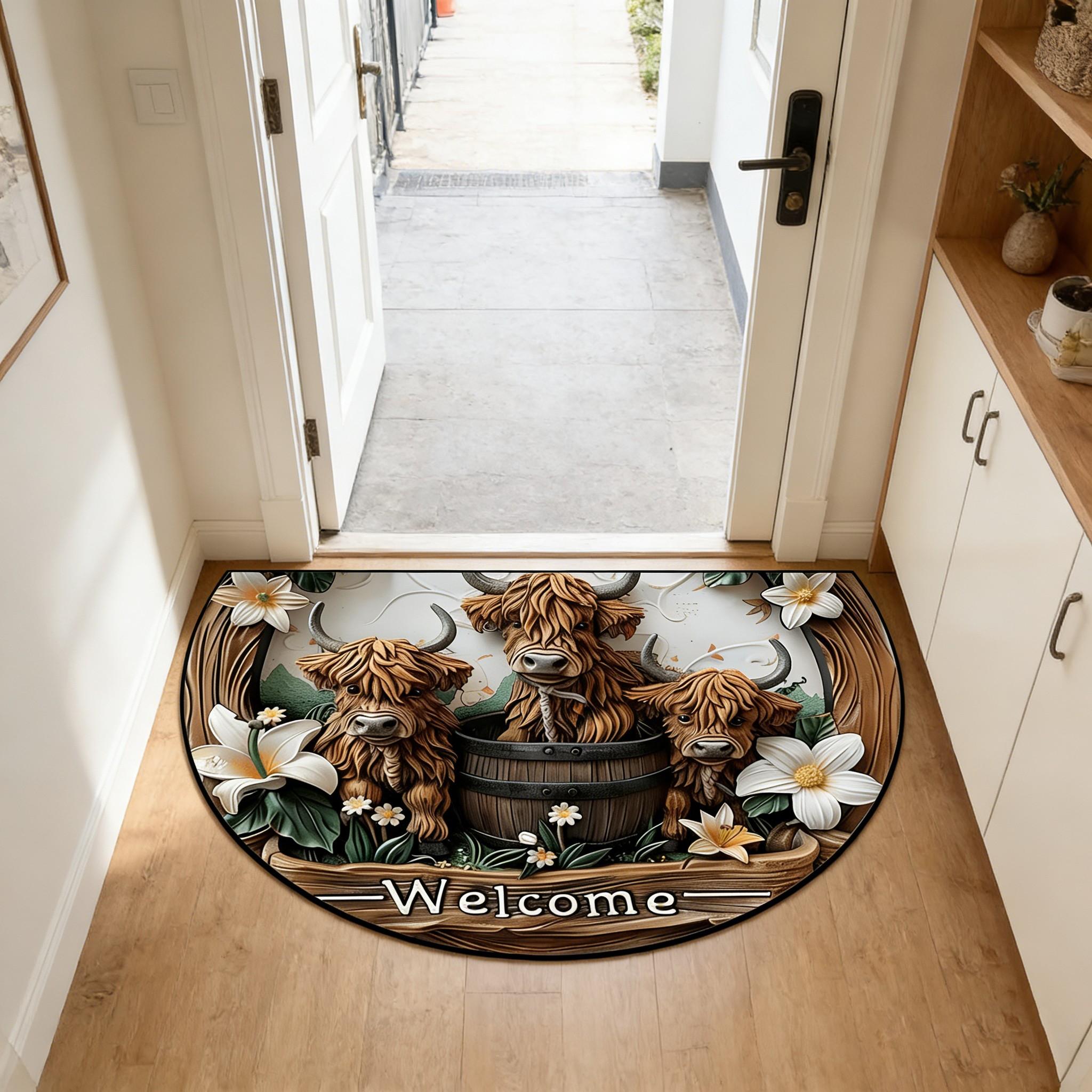 Half Round Welcome Door Mat, Vintage American Style Highland Cow Rug, Indoor Entrance Hall Carpet, Durable Fabric, Suitable for Living Room Bedroom