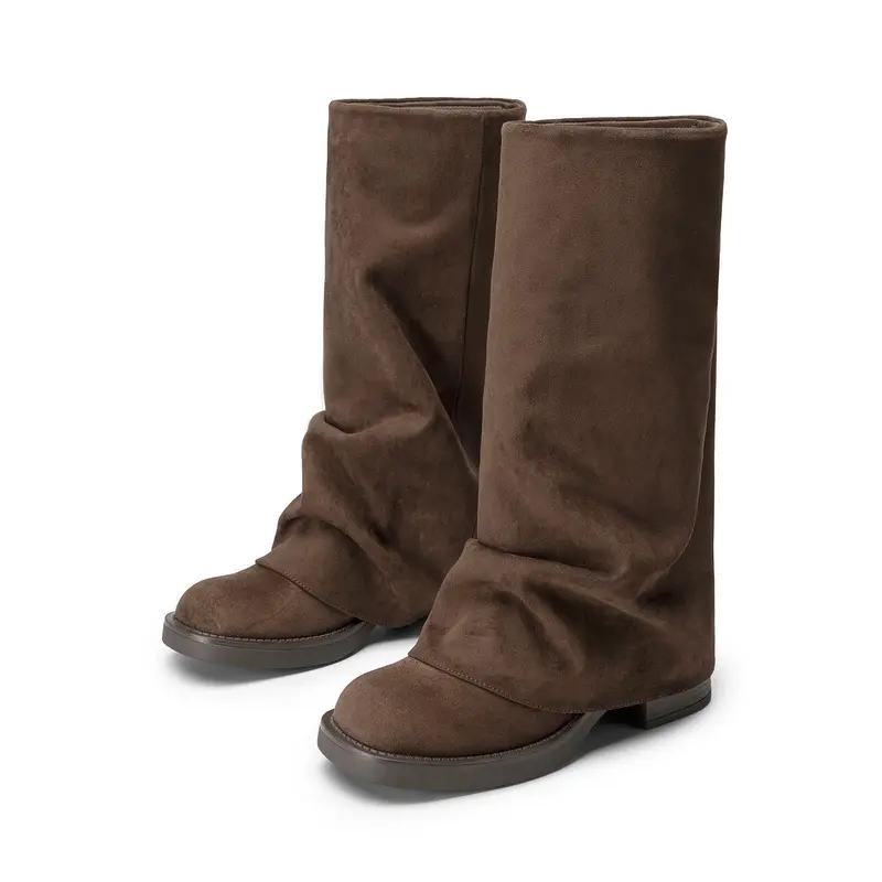 Athlefit Women's Slouchy Leather & Rubber Mid-Calf Boots, Wide Calf Retro Casual Slip On with Square Toe and Platform Cushion, Pull On, Shock Resistant tiktokshopbacktoschool, Party, Soft Slouchy Upper,back to school,back to school haul