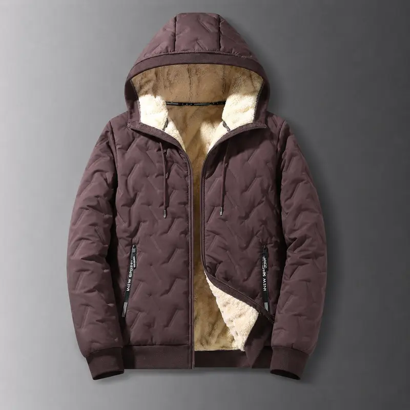 2026 Men's New Fashion Hooded and Velvet Jacket with Long Sleeve, Fleece Inner Lining, Waterproof and Windproof, Unique Texture, Zipper, Essential Solid Color Coat for Autumn and Winter, Daily Leisure, Outdoor Casual Menswear