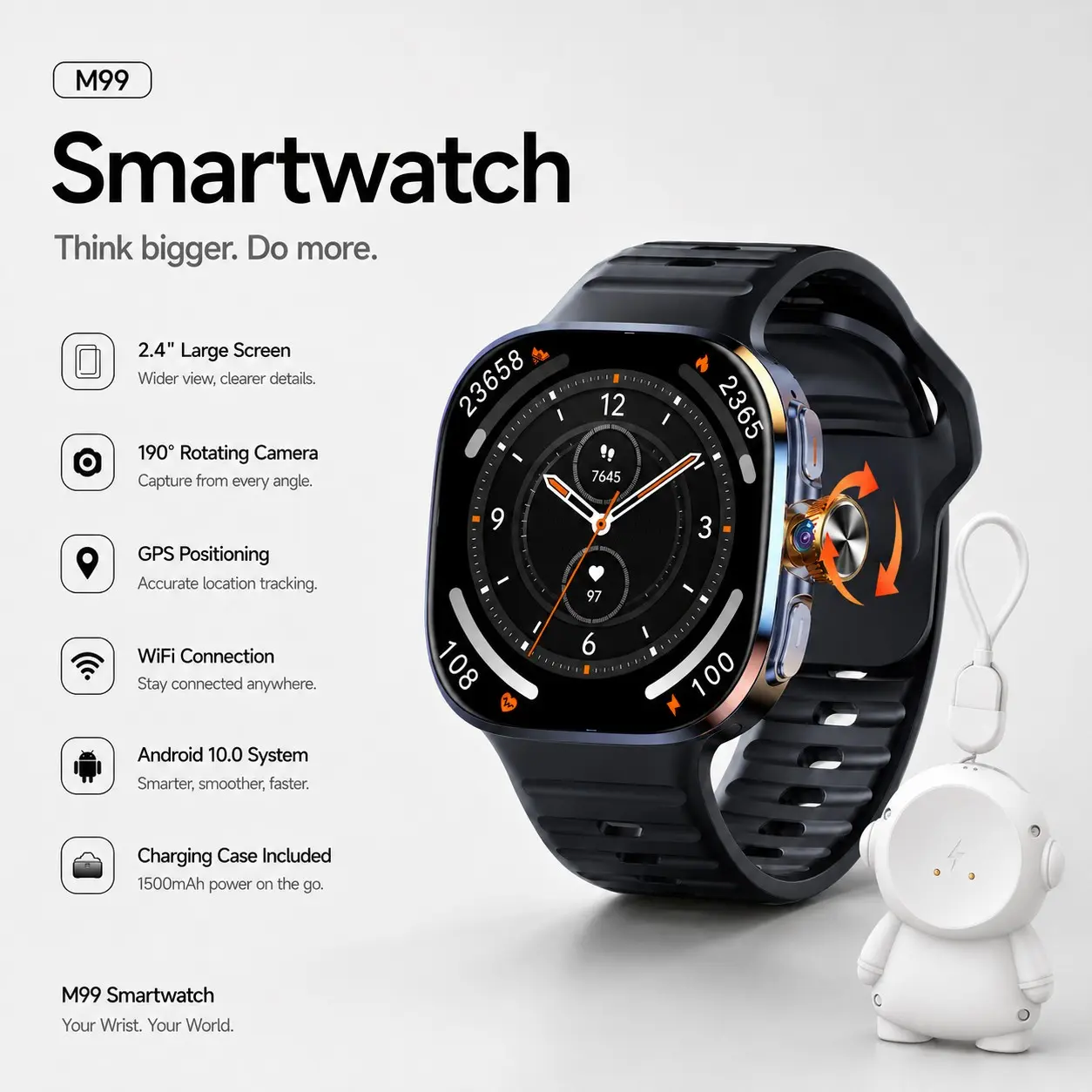 M99 Smartwatch with 2.4-Inch Large Screen, 190° Rotating Camera, GPS Positioning, WiFi Connectivity, Android 10 OS, Charging Case Included