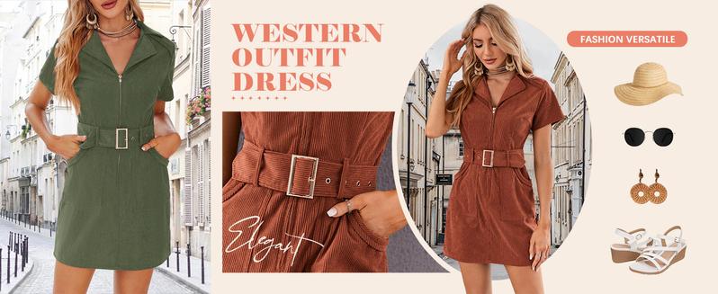 Wenrine Women's Corduroy Mini Dress Short Sleeve Lapel Zip Up Belted Cowgirl Dresses with Pockets
