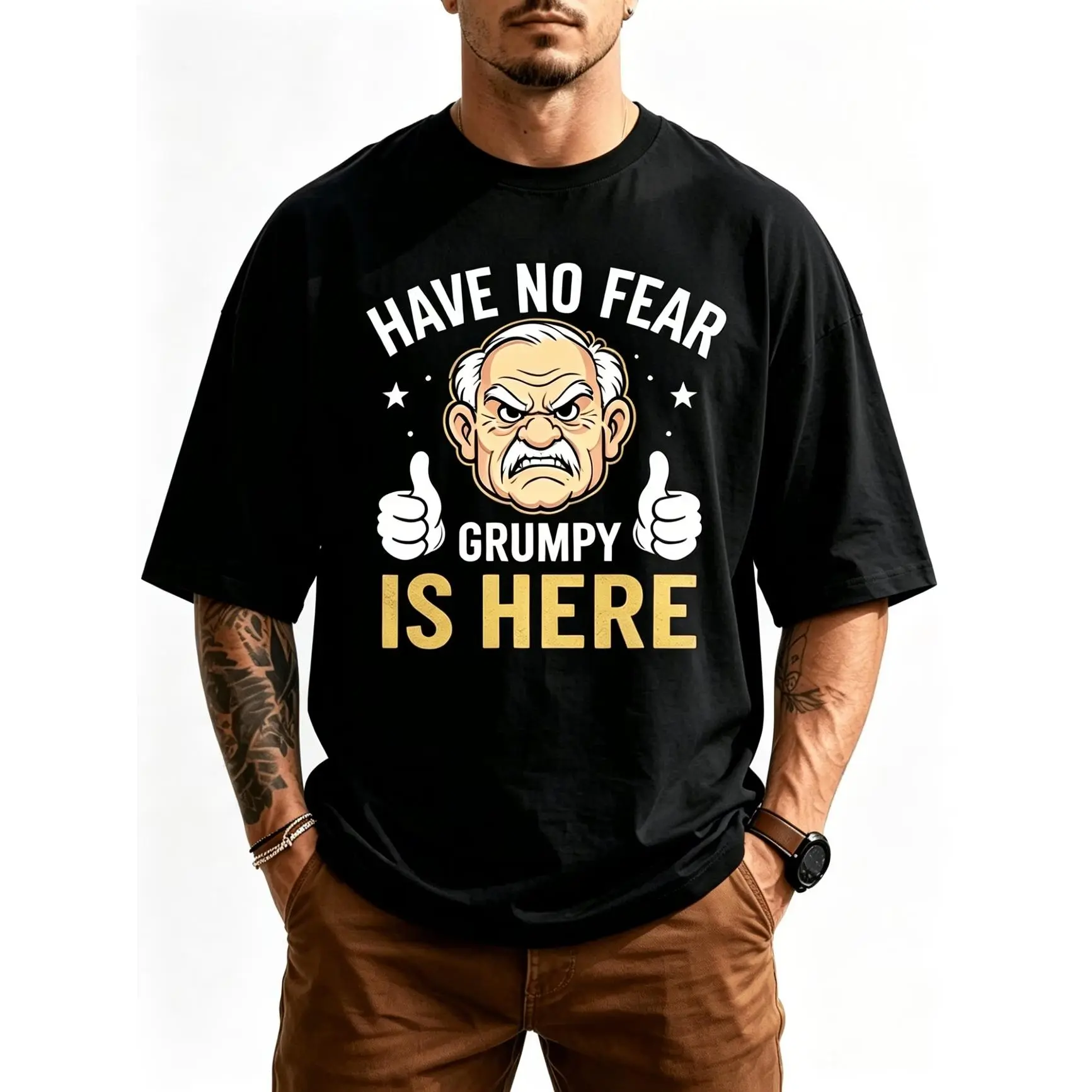 Grumpy Old Man Cartoon Graphic Oversized Cotton Tee, Fashion Comfort Casual Outfit, Funny Holiday Birthday Father’s Day Valentine Gift for Men Him Dad Friends
