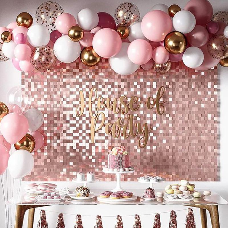 4pc Pink Foil Fringe Curtain,Square Tinsel Foil Curtain Party Decoration for Wedding Birthday Party Background  Anniversary Decor