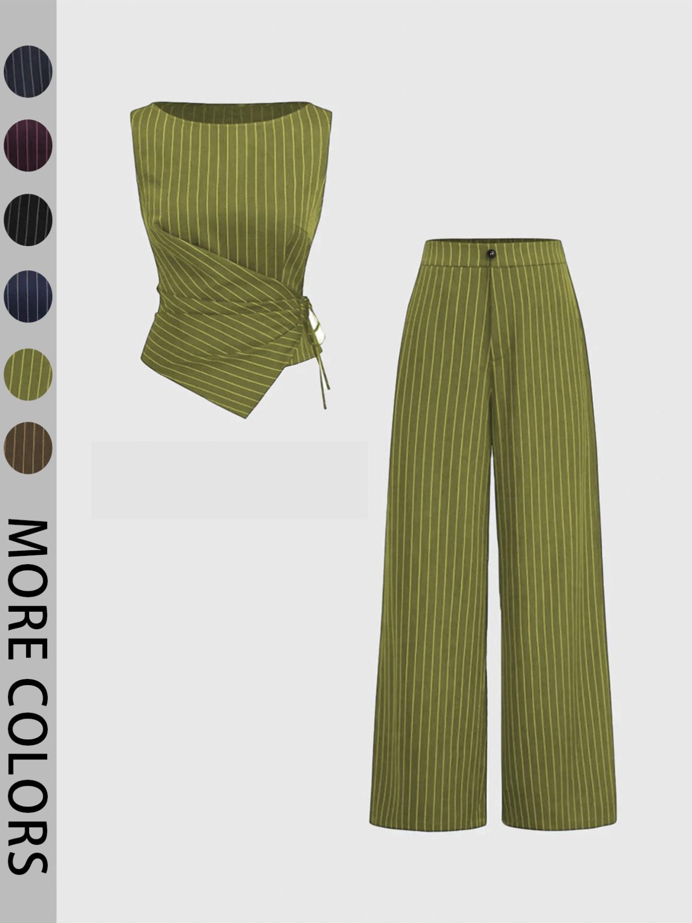 Women's Striped Strapless Tie-Back Vest Top and Straight Leg Pants Set, Corporate Outfits Women, Elegant Slim-Fitting Outer Vest Suit for All Seasons