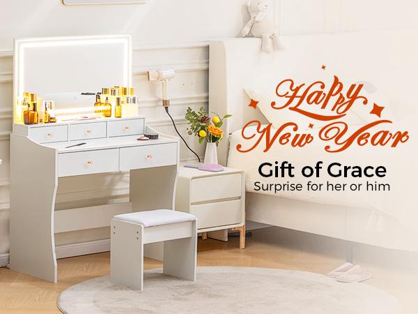 COMHOMA Makeup Vanity Desk with Mirror and Lights, Vanity Table and Chair Set with 5 Drawers and Charging Station, Bedroom Dresser LED Mirror Stepless Dimmable & 3 Color Modes Adjustable, Pure White