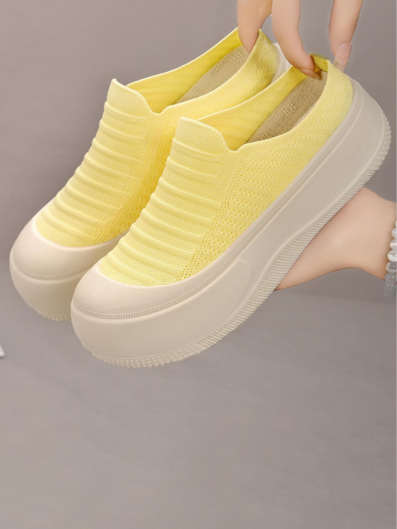 YYW1 Women's Slip-On Casual Trainers, Breathable Flyknit Textile Shoes, Thick Sole, Lightweight PVC Plain Shoes for Daily Commute, Indoor-Outdoor Wear