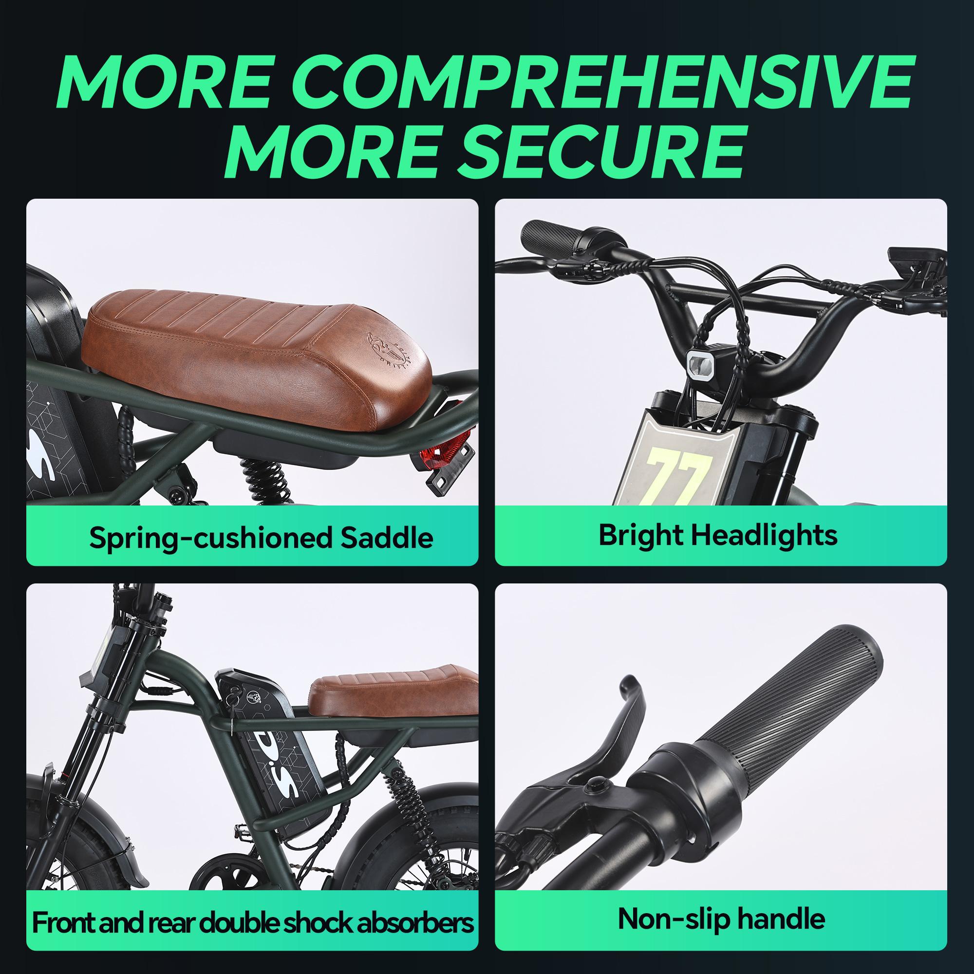 Electric Bike,Equipped withHigh Carbon Steel Frame, Full SuspensionSystem,28mph Top Speed,48V 1000W, PedalAssist Range of 30-70 Miles,16-lnch All-TerrainTires,Off-Road Motorcycle. Ebike cool and stylish