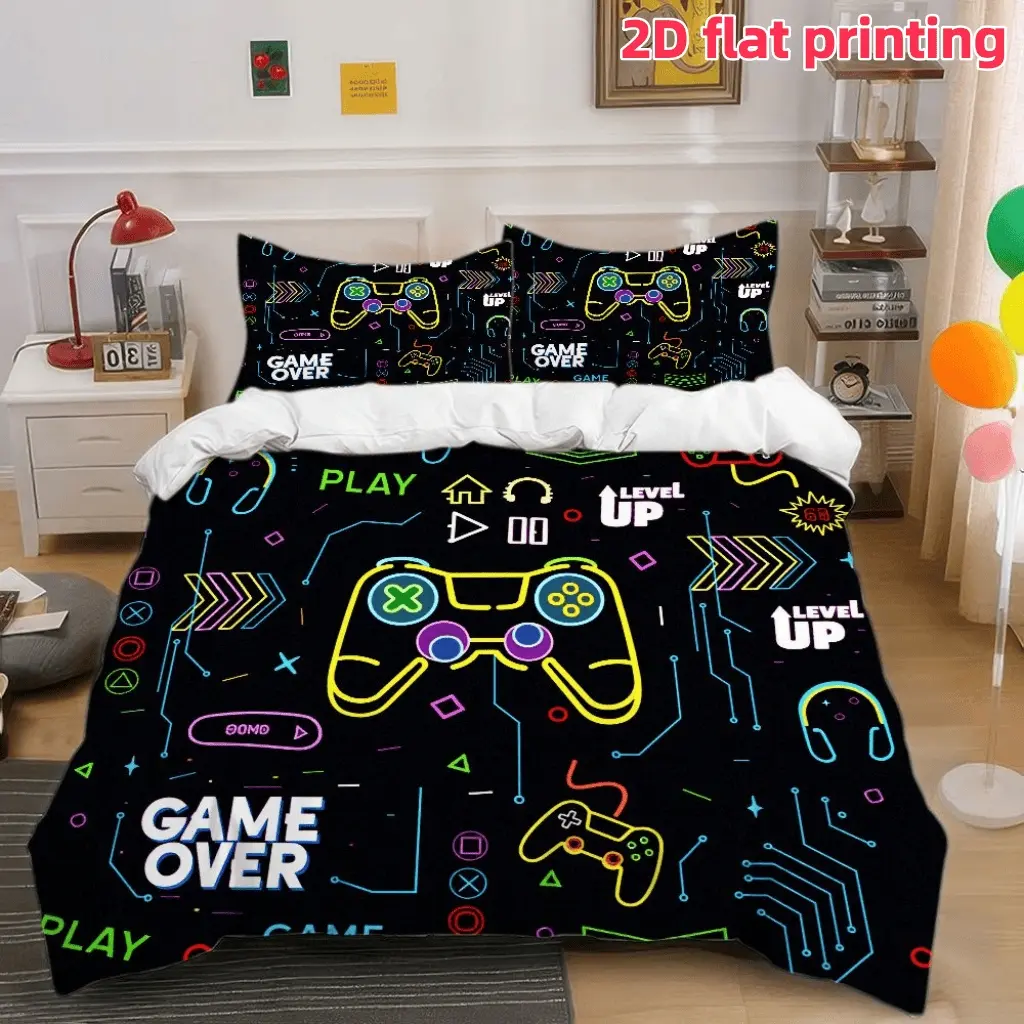 2D Flat 3Pcs Gaming Theme Duvet Cover, Neon Video Game Controller Pattern Bedding (1 + 2 Pillowcases, No Insert) - Perfect for Bedroom and Dormitory Room Home Decoration