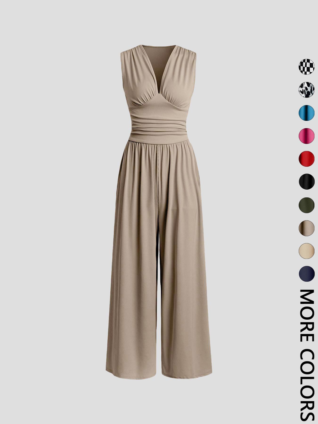 Women's Plain Ruched Deep V Neck Jumpsuit, Elegant Sleeveless Wide Leg Jumpsuit for Summer, Ladies Clothes for Beach Holiday Vacation Style