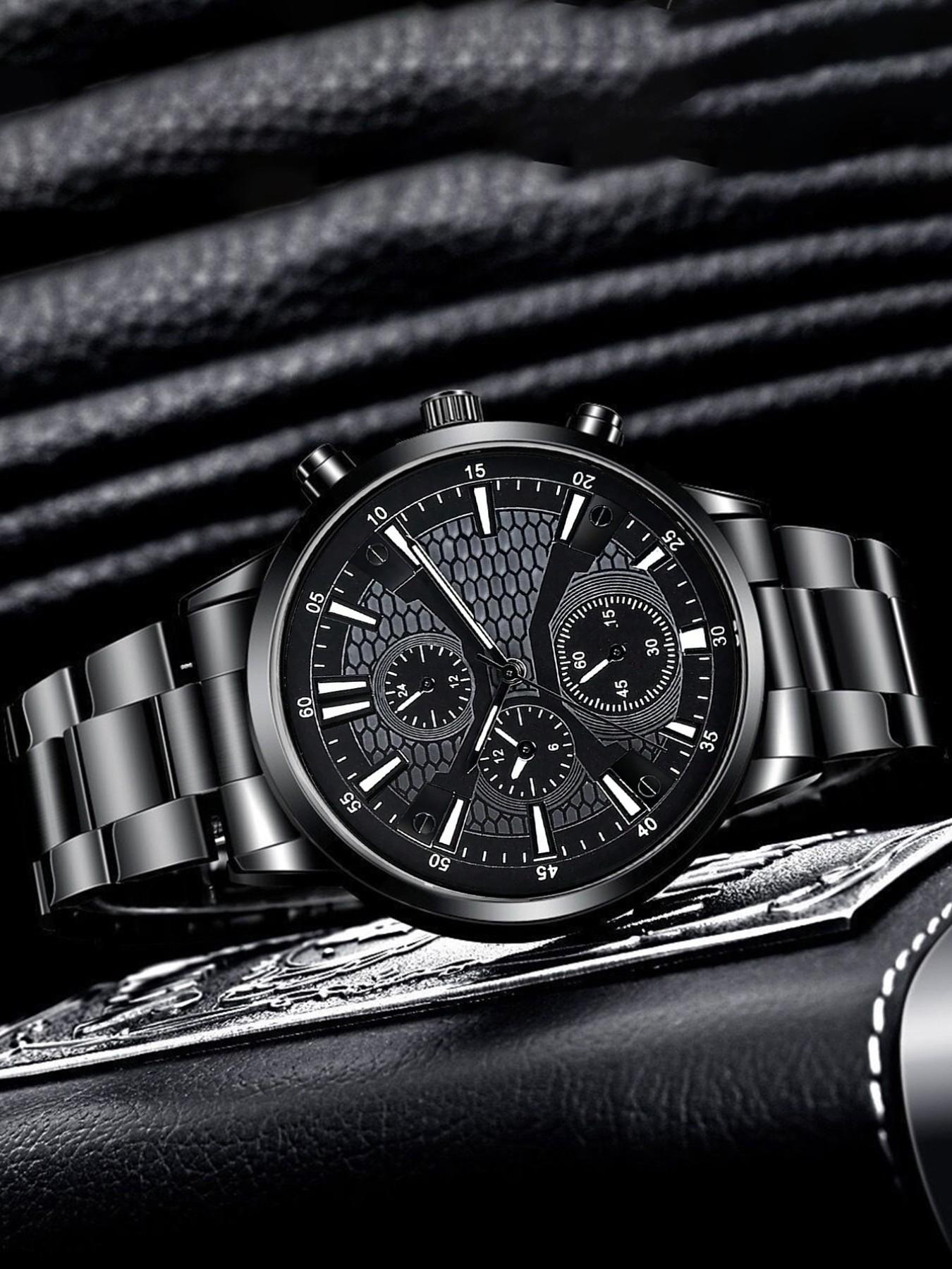 4pcs Men's Fashion Elegant Watch Set, Stainless Steel Quartz Wristwatch, Includes Bracelet, Necklace, Ring, Ideal Gift for Business or Casual Wear
