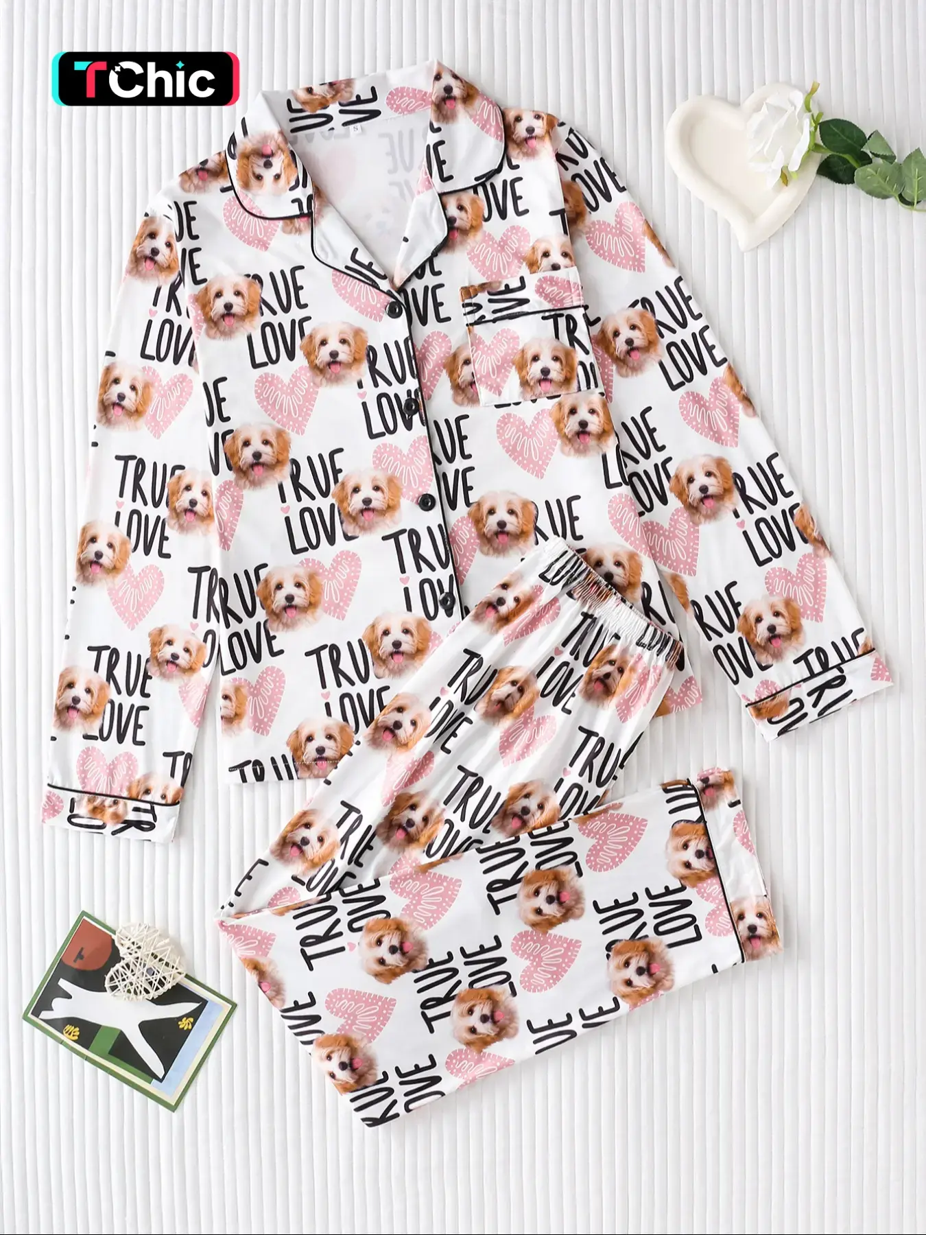 Women's Pajama Set, Cute Puppy Heart Letter Print, Soft Comfortable Fabric, Loose Long Sleeve Top and Pants, Casual Home Sleepwear