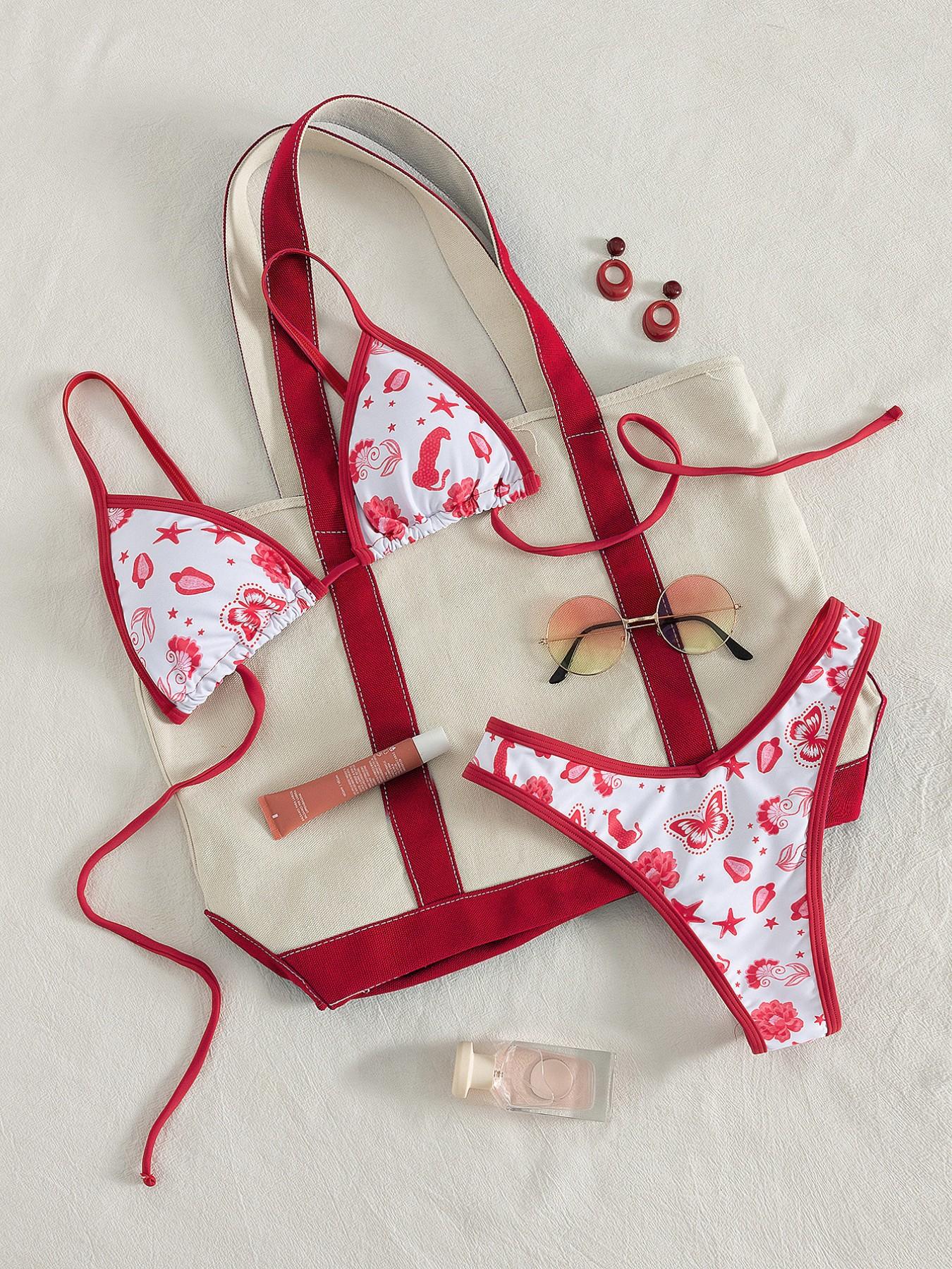 Women's Floral Print Bikini Set, Casual Fashion Chic Tie Shoulder Swim Top & Swim Bottom Swimsuit for Beach Holiday Vacation, Ladies Swimwear for All Seasons