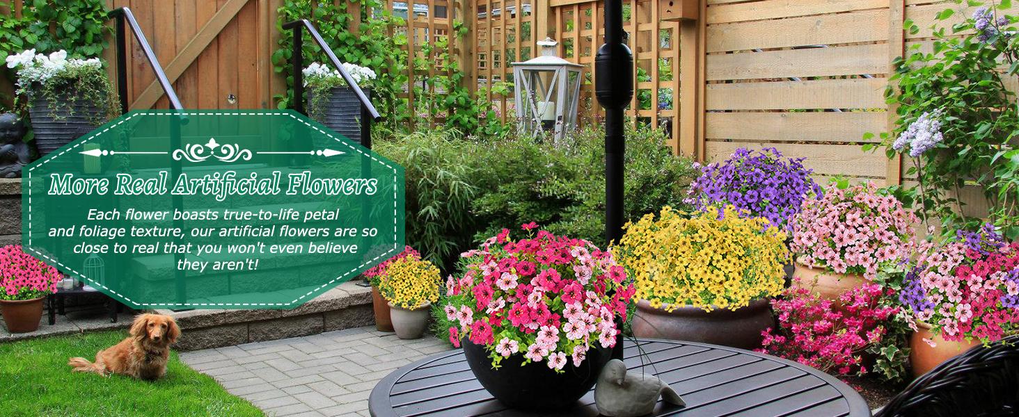 Elyum UV-Resistant Decorative Artificial Rose Red Flowers, 9 Bundles Faux Outdoor Plants for Porch Window Box Decoration