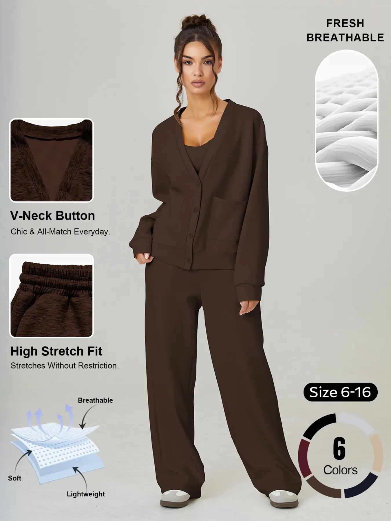 Women's Long Sleeve Button Front Cardigan and Wide Leg Pants Set, Basic Elegant Knit Style, Casual Everyday Home Loungewear Pajama Set for Spring & Fall, Pjs, Homewear