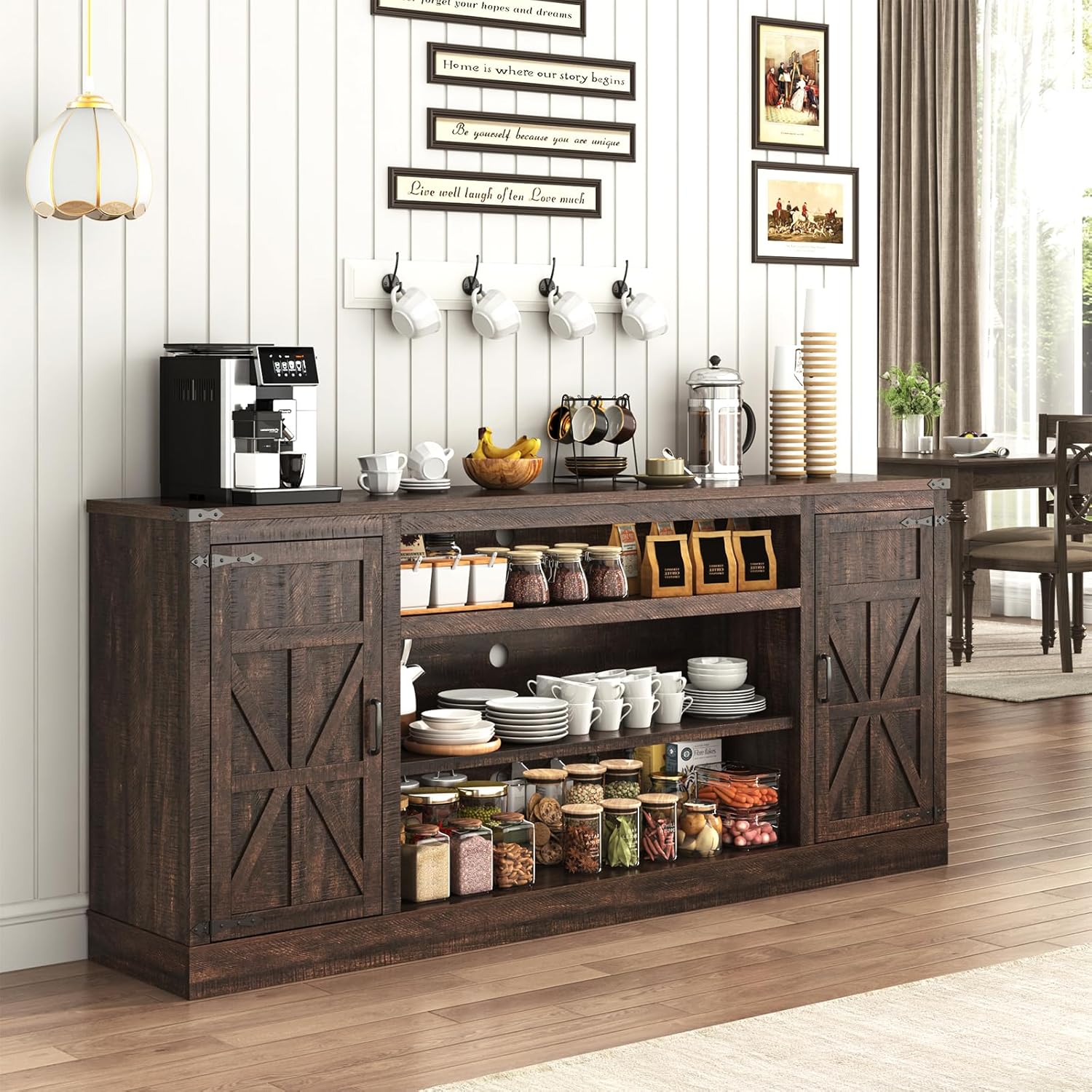 66"/75" Farmhouse TV Stand with Power Outlets for 85 Inch TVs, 33" Tall Entertainment Center with Storage Cabinets w/Adjustable Shelves, Rustic Large TV Media Console, Brown/white/black