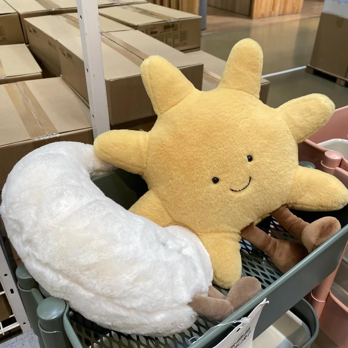 Adorable Smile Face White Moon Yellow Sun Plushie Stuffed Cute Cartoon Weather Plush Toy for Kid Bedroom Decor Sofa Throw Pillow