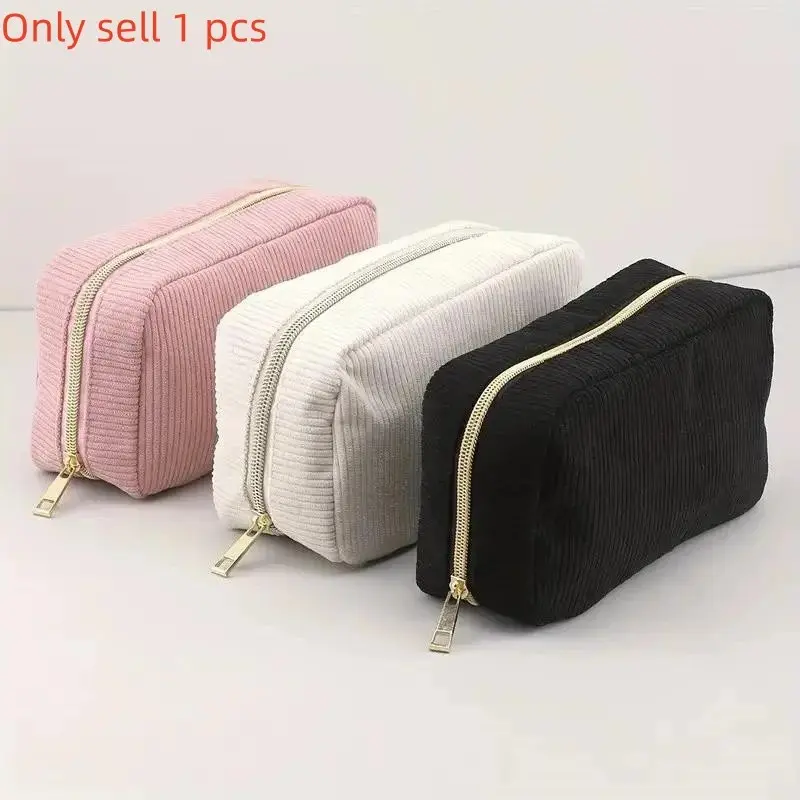 New Large Capacity Simple Style Handbag, Three Color Options, Corduroy Material, Travel Makeup Bag, Portable Cosmetic Pouch, Makeup Organizer Pouch, Zipper Closure, Octagonal Shape