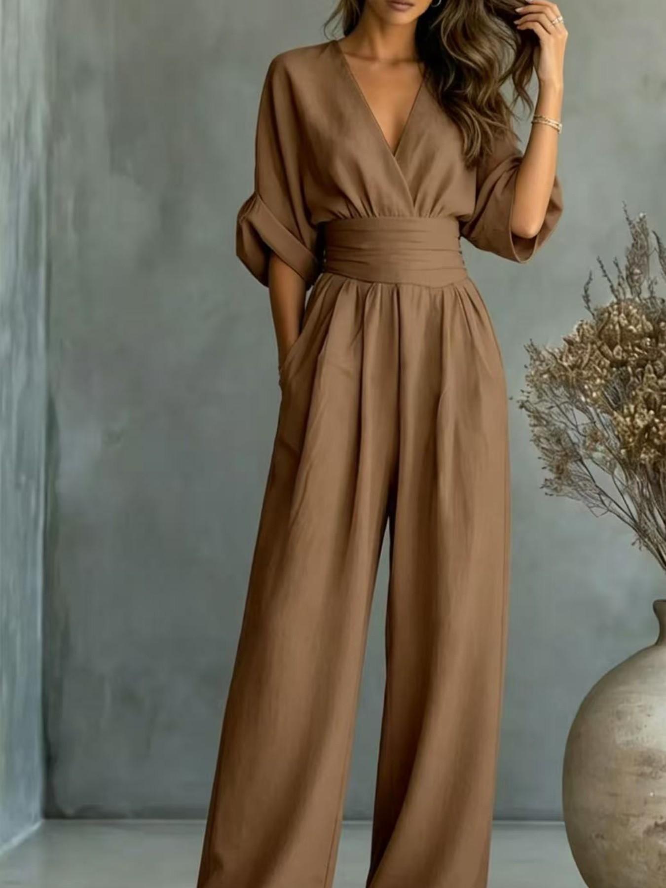 Women's Fashion Solid Color Short Sleeve V Neck Bodycon Pants, Comfortable Soft Fabric, Multi Colors, Casual Office Vacation Style, Casual Jumpsuits, Womenswear
