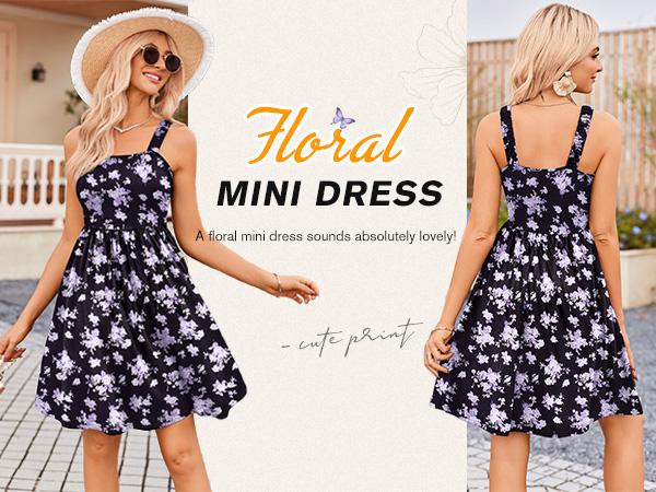 Women's Summer Dress Floral Square Neck Sleeveless Casual Dress with Pockets A-line Swing Mini Dresses Sundress Bohemian