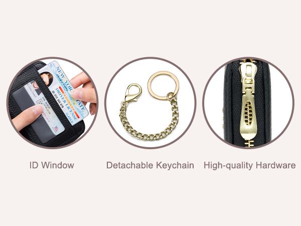 Genuine Leather Mini Compact Purse, RFID Credit Card Holder, Businese Card Case, RFID Blocking Chain Wallet for Women