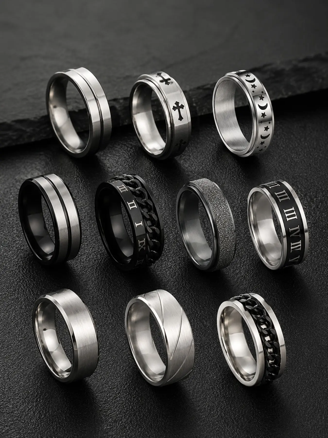 Men's Stainless Steel Punk Style Ring Set, Punk Style Fashion Rings, Cross-Line Texture Chain-Design Ring, Polished & Sandblasted Metal Rings, Stackable Finger Rings for Casual Party and Vacation Wear