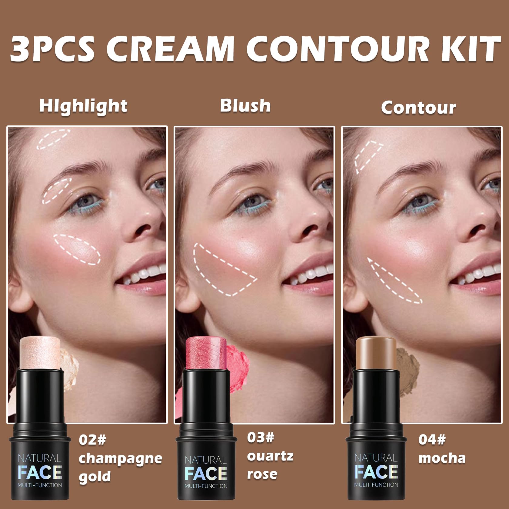 Highlighter Stick Cream Blush Stick Bronzer Contour Stick Makeup,3 PCS Cream Contour Kit with Contour Brush,Long Lasting & Professional Highlighters Makeup Stick for Beginner Highlighter Stick Cream Blush Stick Bronzer Contour Stick Makeup,3 PCS Cream Contour Kit with Contour Brush,Long Lasting & Professional Highlighters Makeup Stick for Beginner