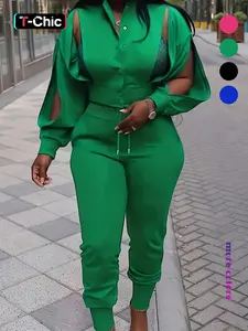 Women's Solid Cut Out Button Front Fitted Crop Top & Drawstring Pants Set, Chic Fashion Casual Drop Shoulder Long Sleeve Jacket & High Waist Trousers, Matching Sets, Women's Clothing for Spring & Fall, Going Out 2 Piece Set, Womenswear