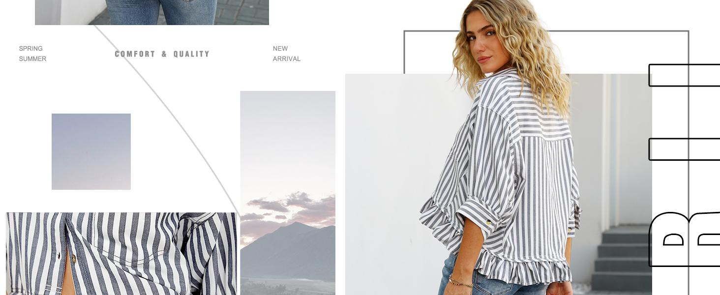 CHYRII Womens Summer Tops Dressy Casual Blouse Top Ruffled Short Sleeve Button Down Striped Shirt Black Elegant