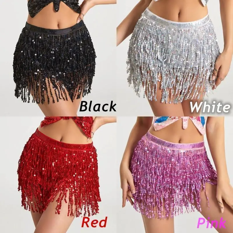 Sexy Latin Dance Hula Sequins Waist Chain Mini Skirt Dress Carnival Party Stage Performance Shinny Tassel Belly Dance Hip Scarf
