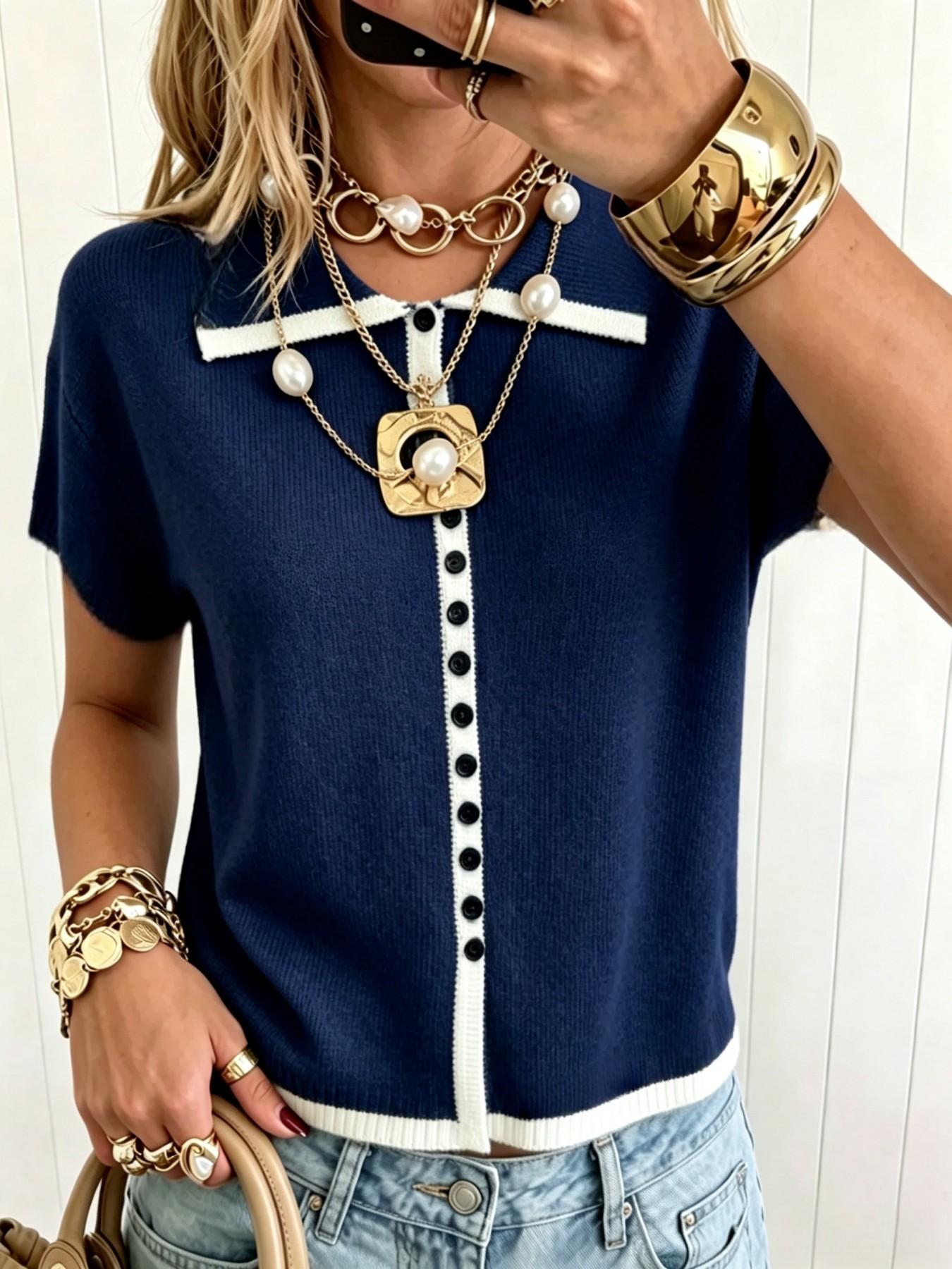 Elegant Polo Neck Button Front Pullover, Casual Colorblock Short Sleeve Top, Loose Fit Fall Fashion Women's Sweater