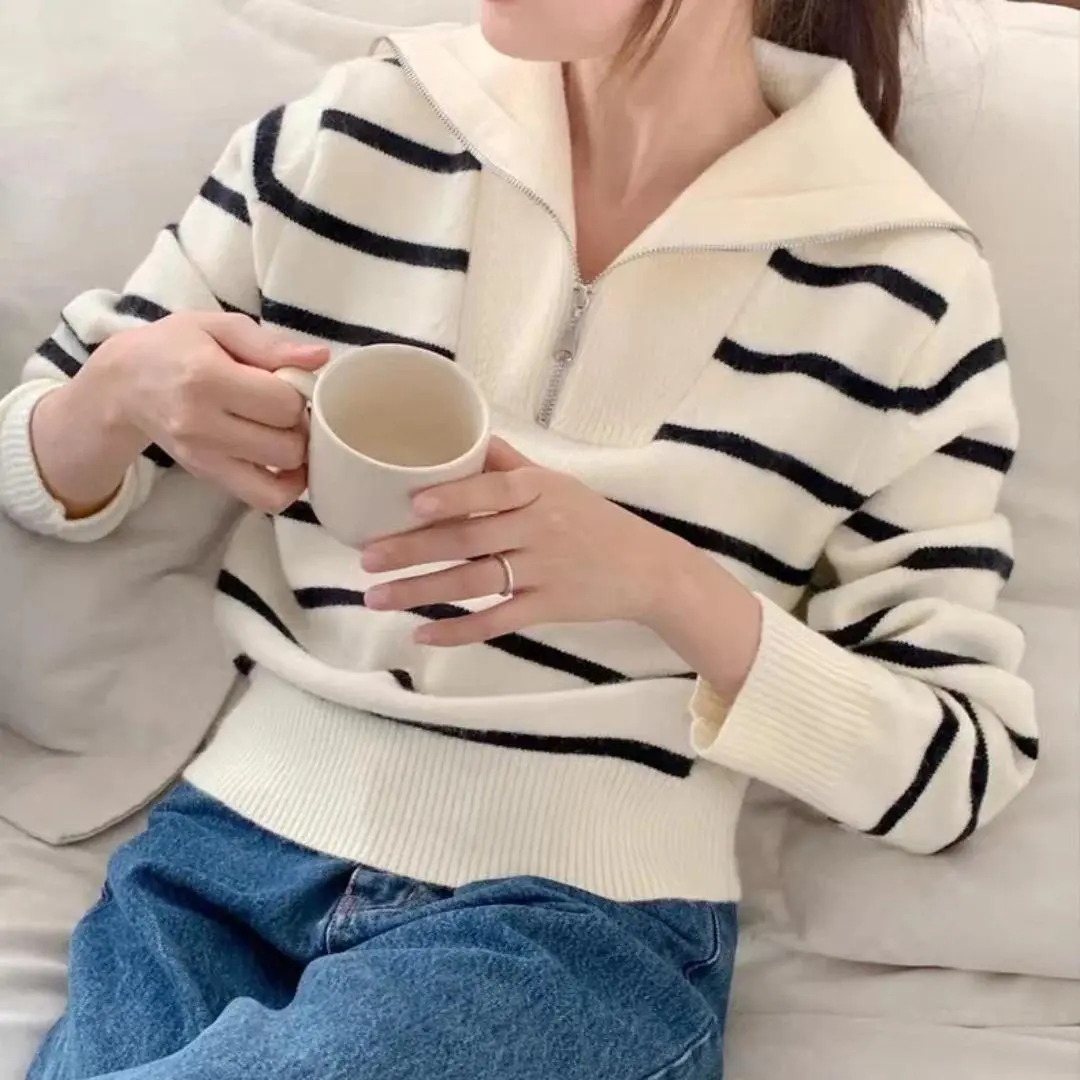 Striped Quarter Zip Sweater for Women Sailor Collar Long Sleeve Knitted Pullover Jumper Fall Winter French Chic Outfit
