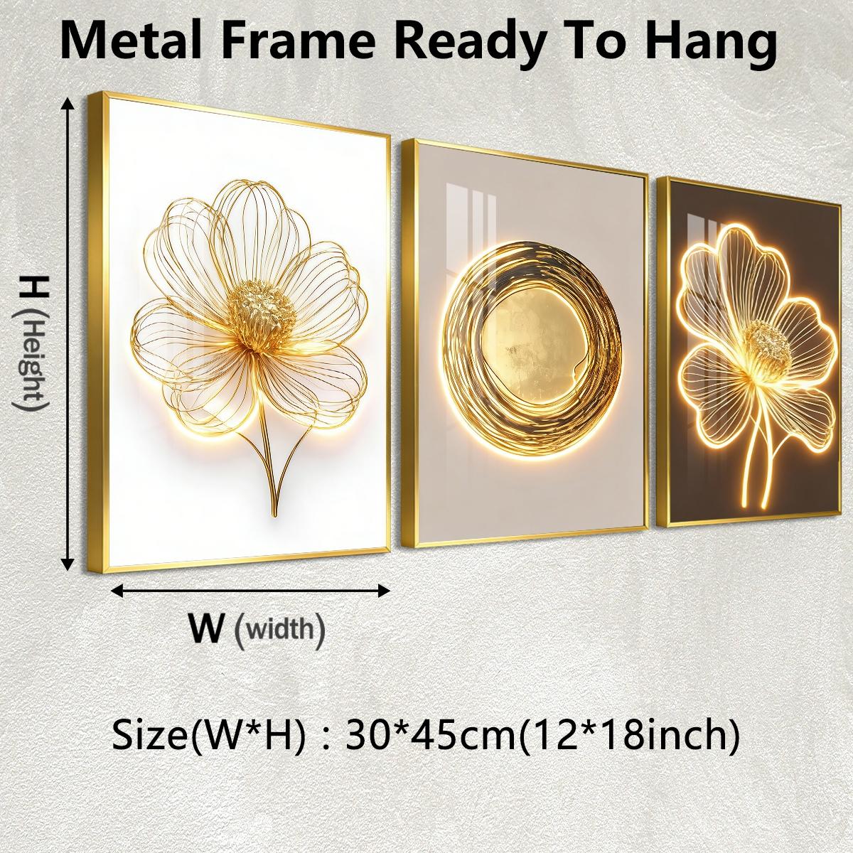 3 Counts Aluminum Alloy Framed Painting, Golden Wire Flower And Sun Abstract Art Pictures, Home Decoration For Living Room, Bedroom, Office, Restaurant, Hallway Wall Decor, Odorless Print Artwork, Luxury Perfect Gift For Friends And Family