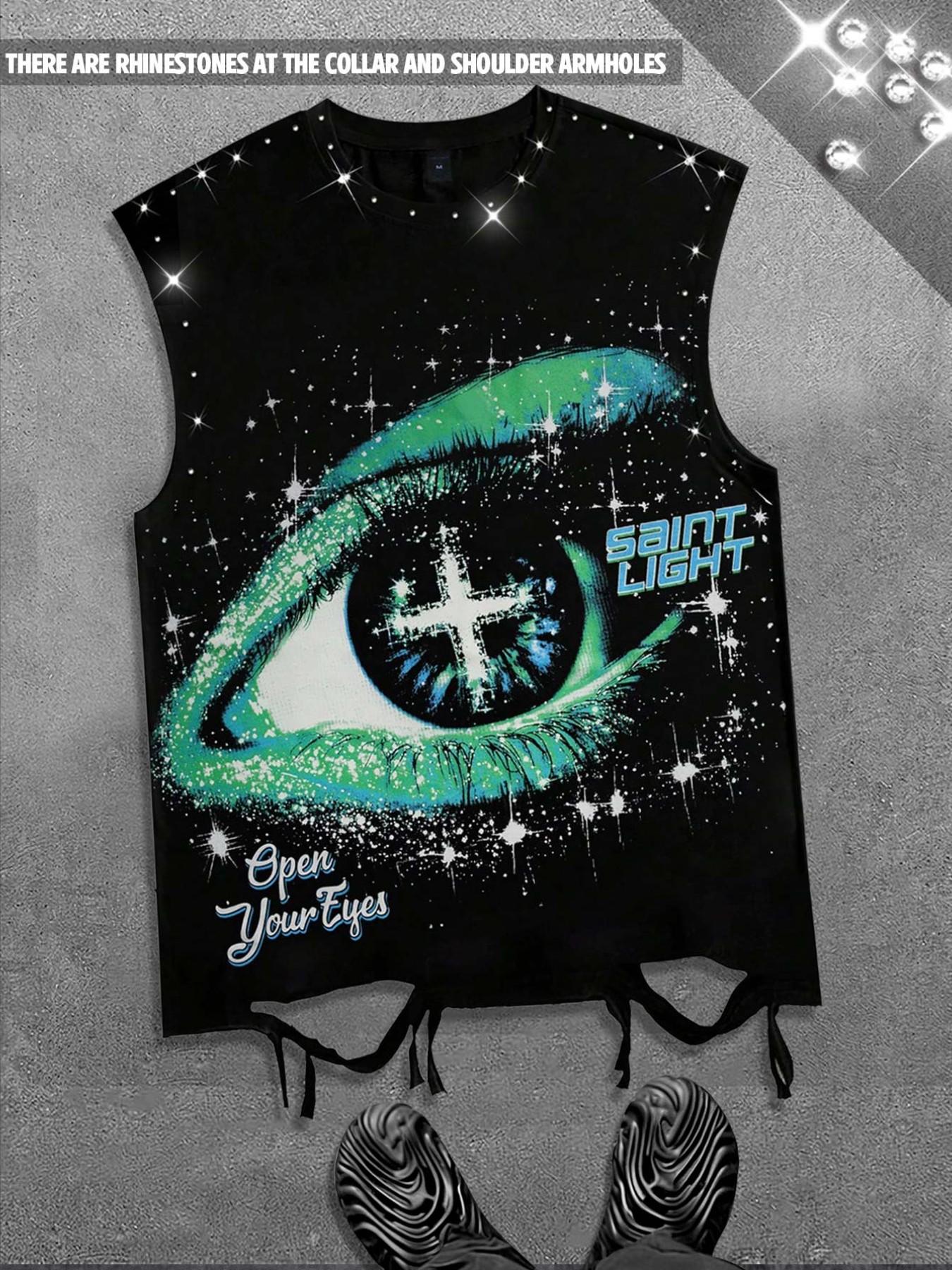 Diamond cotton vest with eye print vest for both men and women, burst hole trendy brand sleeveless t-shirt, European and American street casual fringe vest for men, 2026 summer clothing vest, Y2K style
