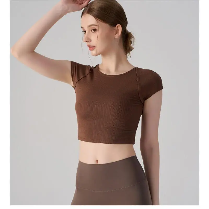 Women's European & American Style Round Neck Short-Sleeved Yoga T-Shirt - Quick-Dry Tencel Fabric, Breathable, Skin-Friendly, Sweat-Absorbing, Tailored Fit, Anti-Peek Liner for Yoga & Running Fitness Tops