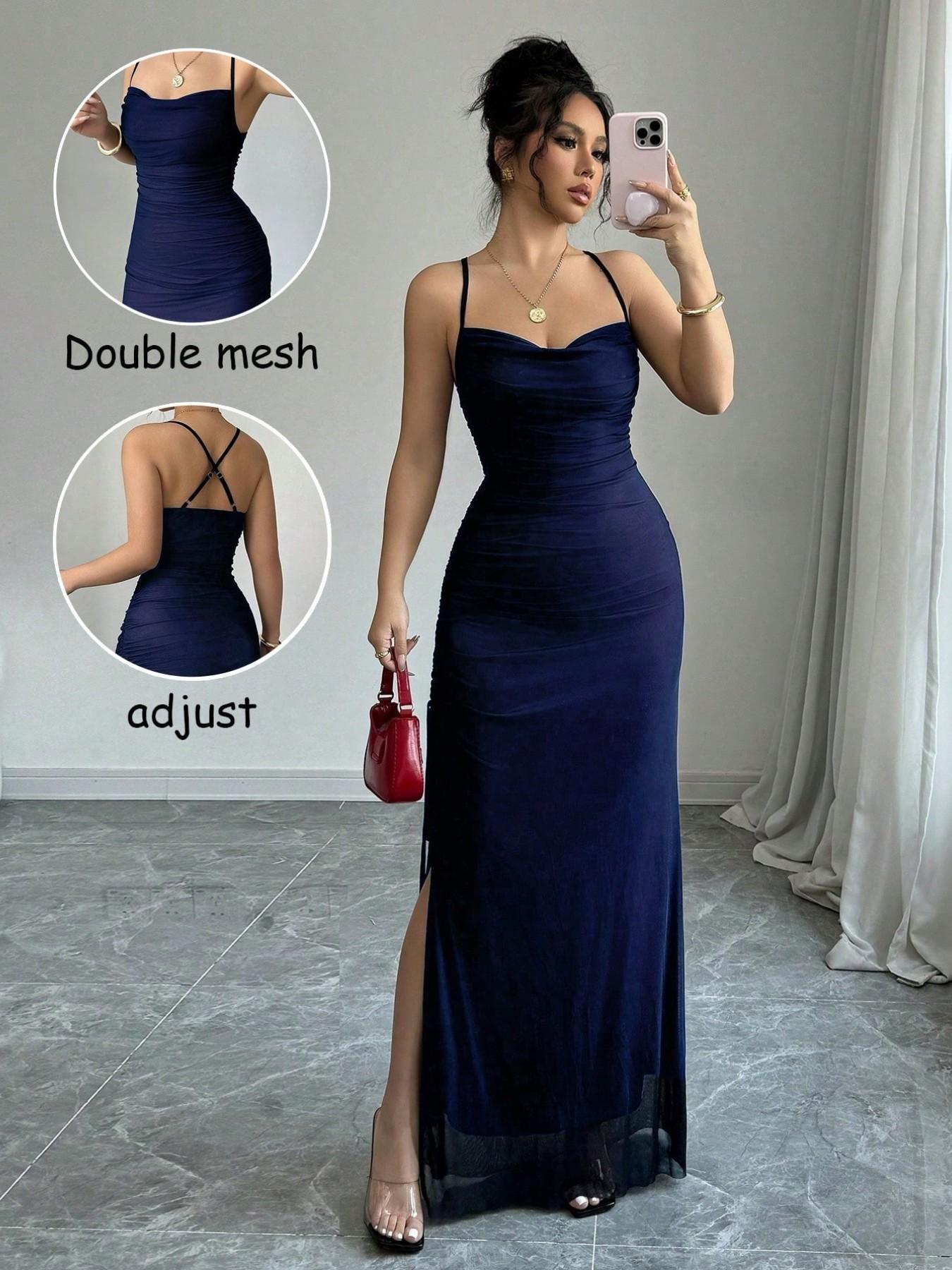 Women's Mesh Patchwork Cross Back Sleeveless Maxi Long Dress, Spring Summer New, Sexy Fit Style, Perfect for Formal Dates, Evening and Sister Gatherings, Womenswear