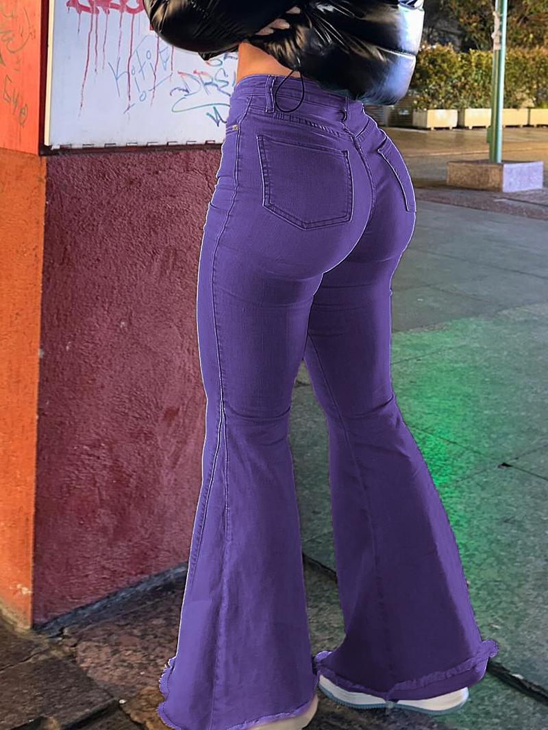 Women's Bell Bottom Flare Jeans Mid Rise Denim Pants Destroyed Raw Hem Denim Pants