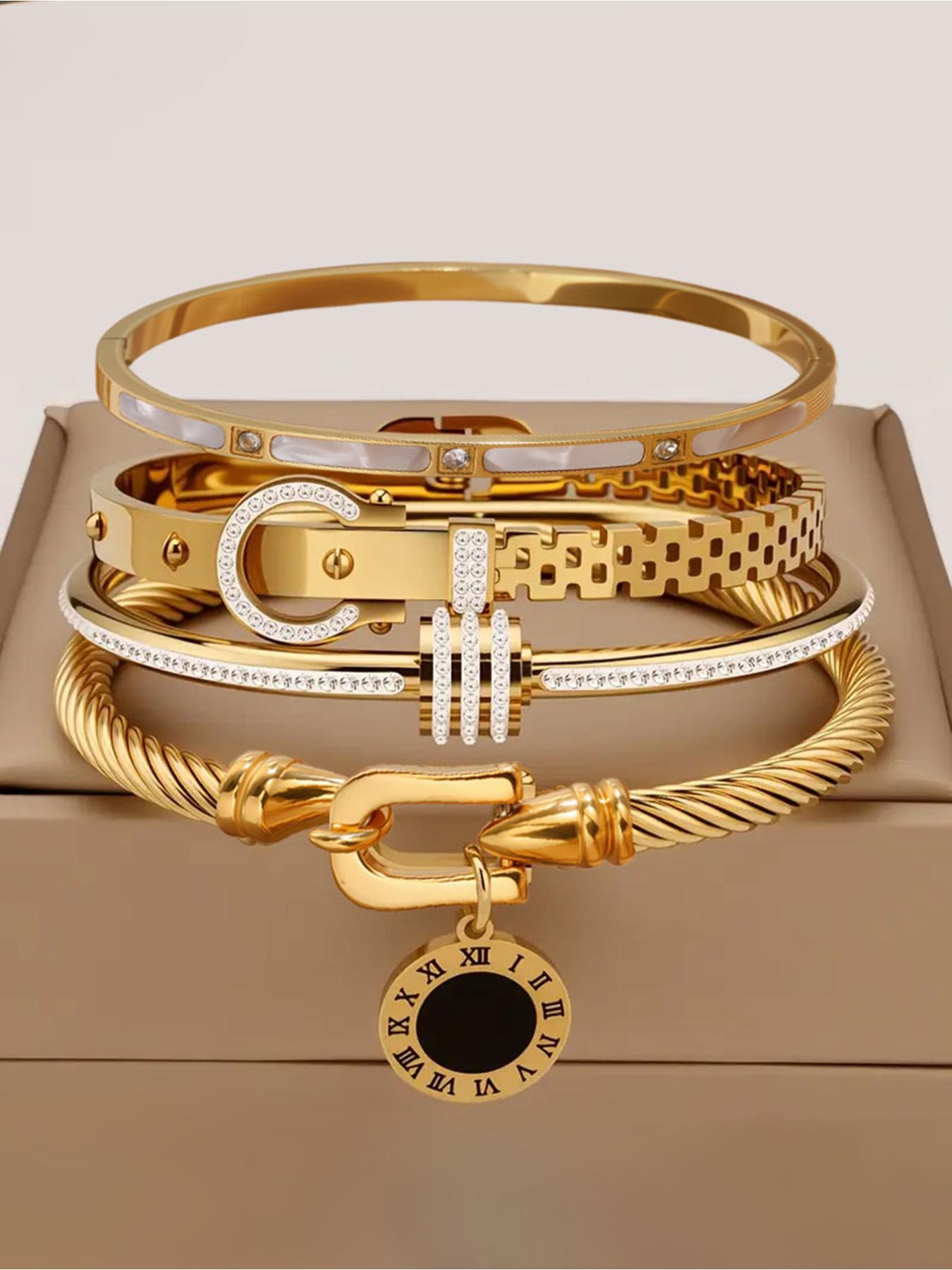 4-Piece Luxury Stainless Steel High Quality Bracelet Set, Women's Gold-plated Rhinestone Decorative Stackable Bracelets, Classic Wrist Accessory, Perfect Exquisite Holiday Gift