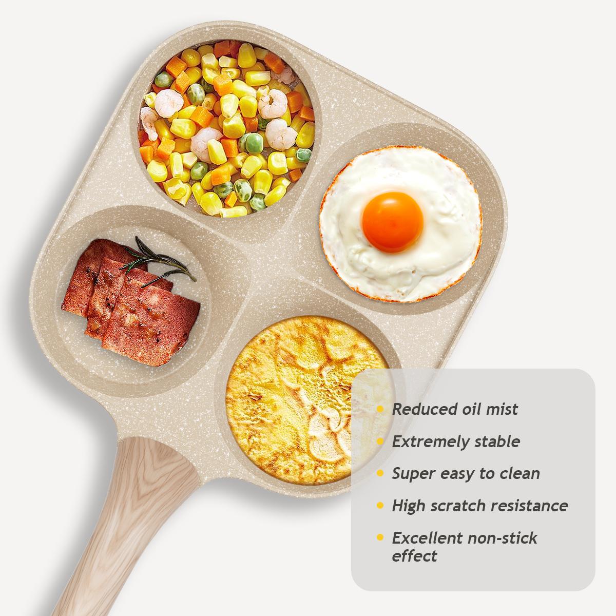Multifunctional Non-stick Egg Frying Pan – 4 Holes Skillet with Wooden Handle, Medical Stone Omelet Maker for Pancakes, Burgers, Breakfast & Quick Cooking at Home.Non-stick Beige Cookware frying pan.Nonstick Woks