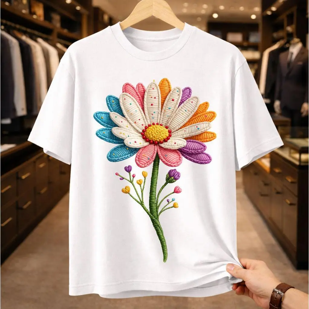 Unisex Baggy Tshirt with a Textured Floral Print, Soft Cotton Streetwear Top with a Menswear Vibe and Faux Embroidery Graphic, Knit, Round Neck
