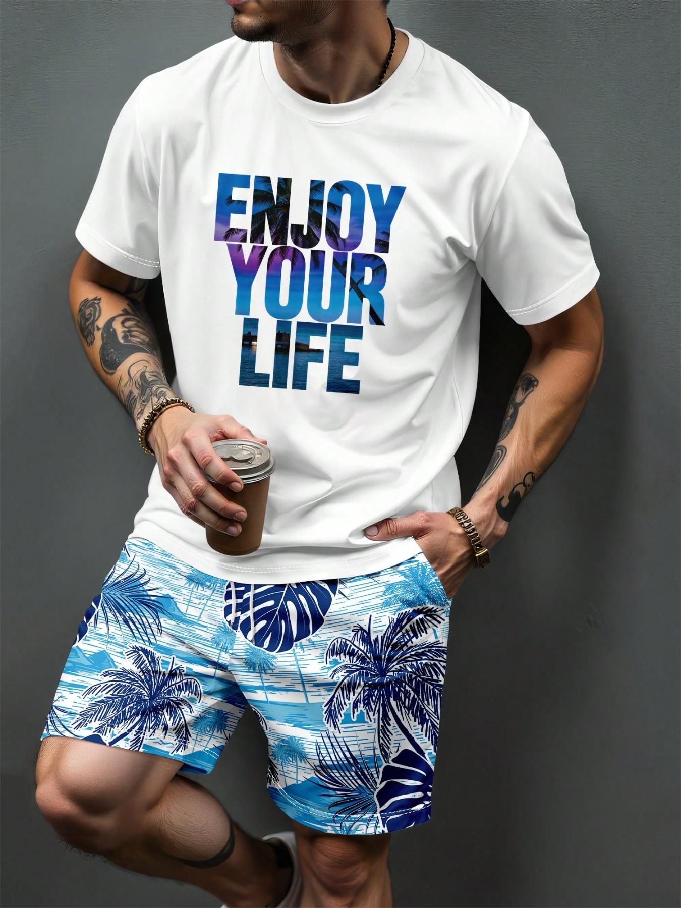 Summer Men's Outdoor Round Neck Short Sleeve T-Shirt and Shorts Set, Vacation Style All over Print, Fitted, Above the Knee