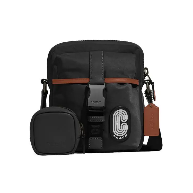 COACH Max 18 Solid-Color Adjustable Strap Leather Coin Purse Crossbody Bag for Men, Small Size, Black
