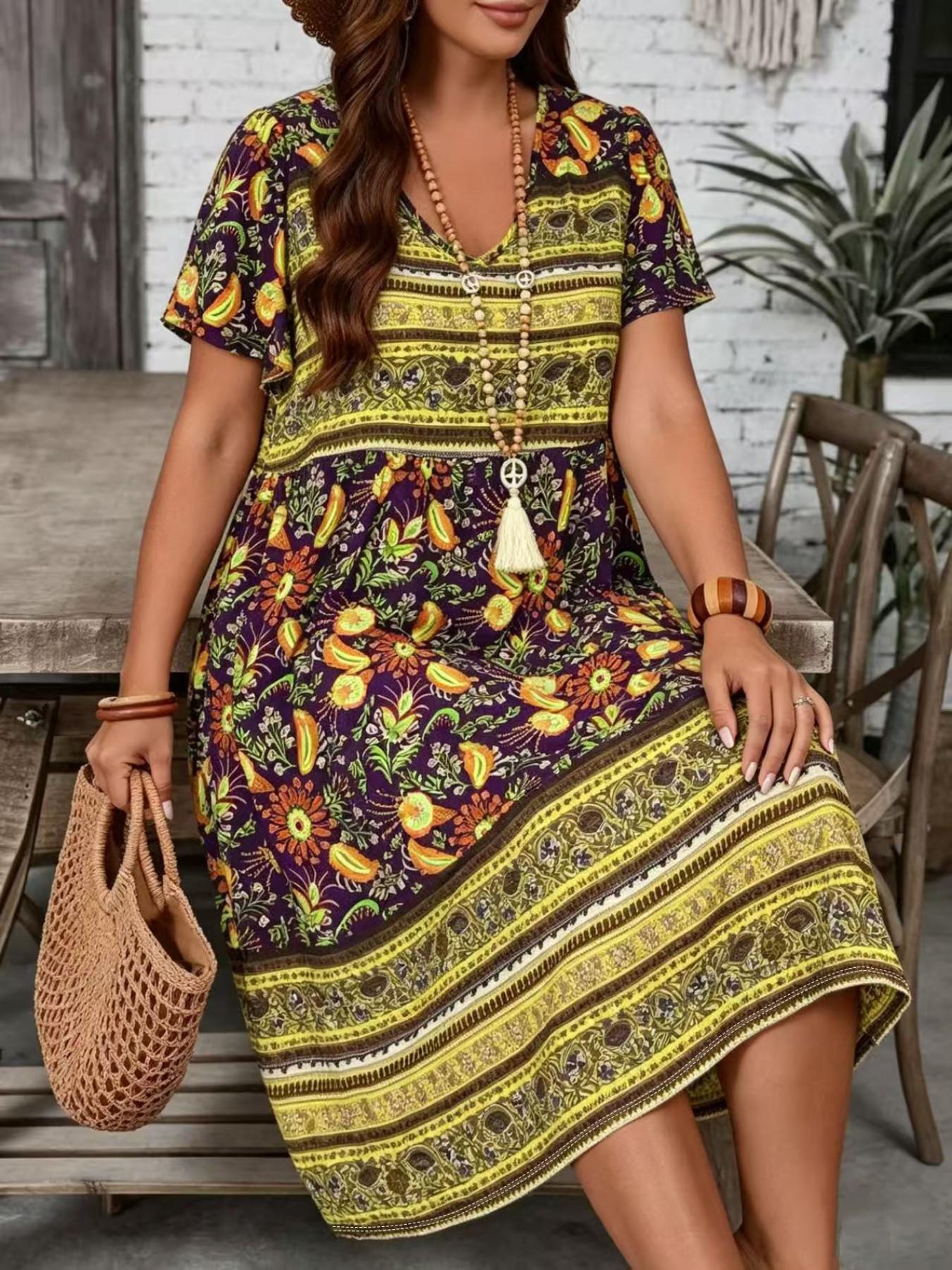 Plus Size Boho Paisley Floral Print Dress, Western Style Casual Vacation Dress, Comfortable and Stylish, Perfect for Relaxing Days, Boho Sundress