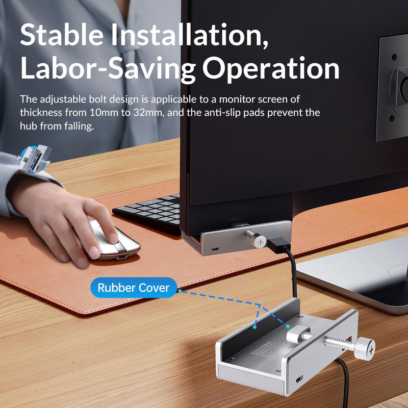 ORICO USB Hub 3.0, Clamp USB Hub with Extra Power Supply Port, Aluminum 4-Port USB Adapter with 3 USB-A Data Ports, USB-C Port for Monitors, Desks-MH4P