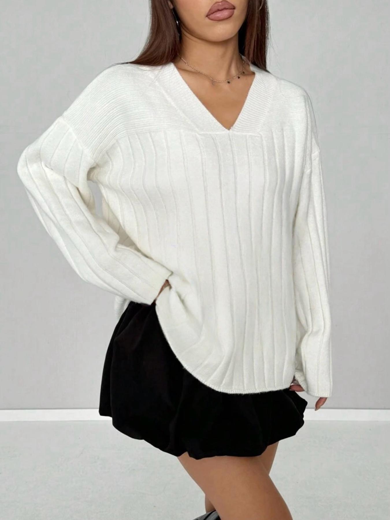 Women's Casual Loose-Fitting V-Neck Sweater Knitwear, Spring & Fall Fashion, Plain Color, Long Sleeve, Versatile and Comfortable