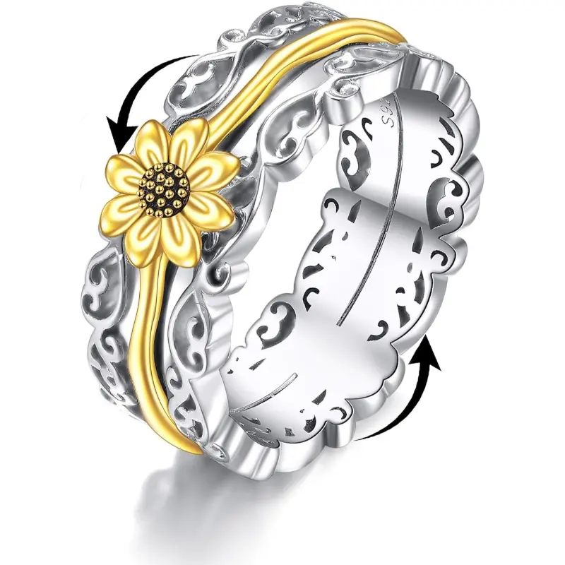 Silver Rotating Sunflower Fidget Rings for Anxiety Relief—Sunflower, Cross, Moonstone, and Moss Agate Spinner Rings for Women—Anti-Stress Mood Rings, Gifts, Wide Bands