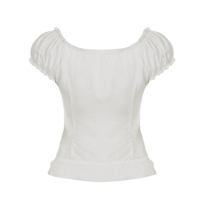 Women's Plain Contrast Lace Frill Trim Button Front Blouse, Sweet Fashion Puff Sleeve Top for Summer, Women's Clothing for Daily Wear