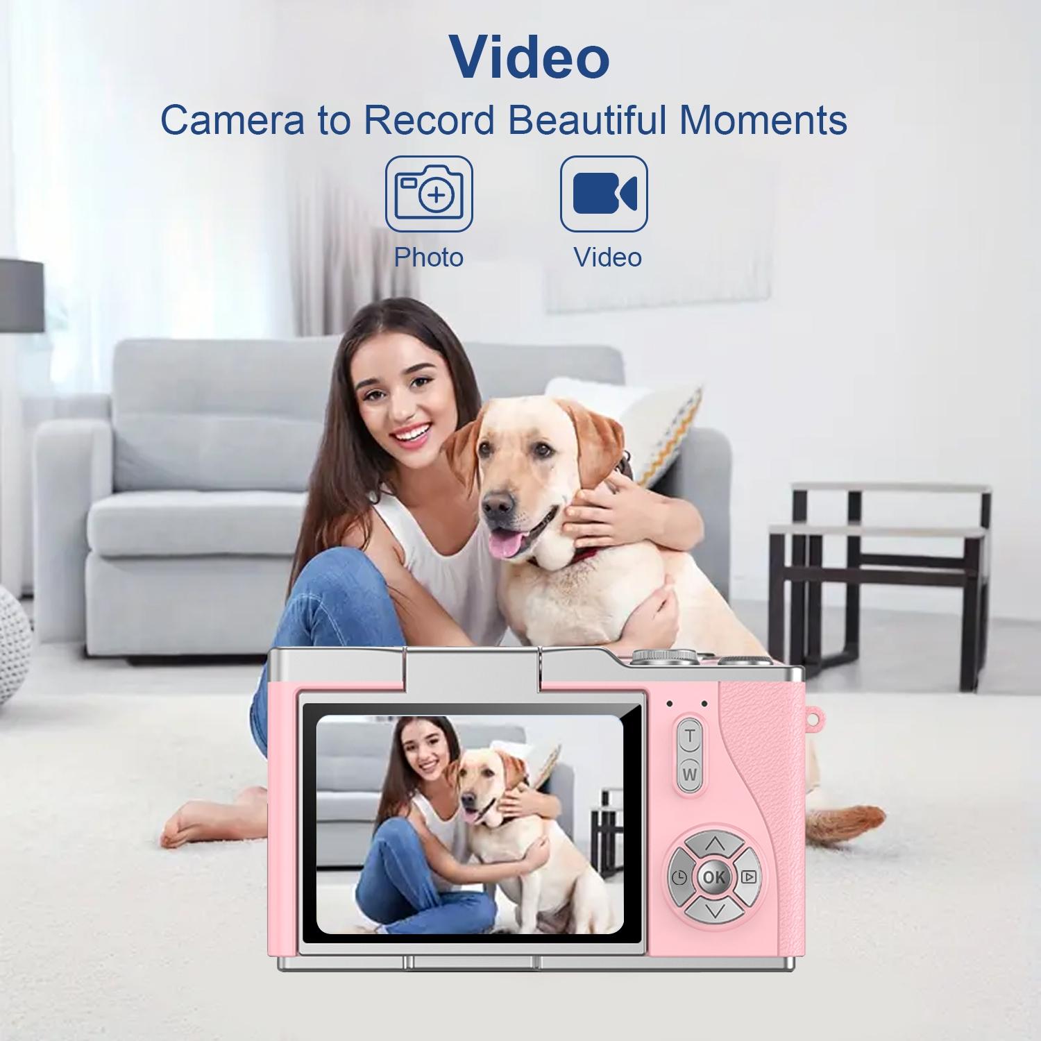 Portable Digital Cam, Student Camera, Compact Pocket Camera, 180° Degree Flip Screen Camera For Women, Entry-Level 1080P Pink Camera With 32GB Memory Card, Video Vlog, Photography, Birthday, Christmas New Year Gift