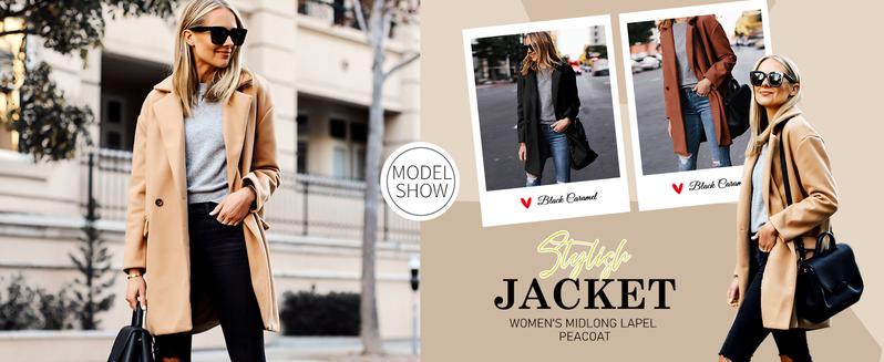 YeoKou Women's  Notched Lapel Wool Coat Single Breasted Pea Coats Winter Wool Blend Blazer Jacket