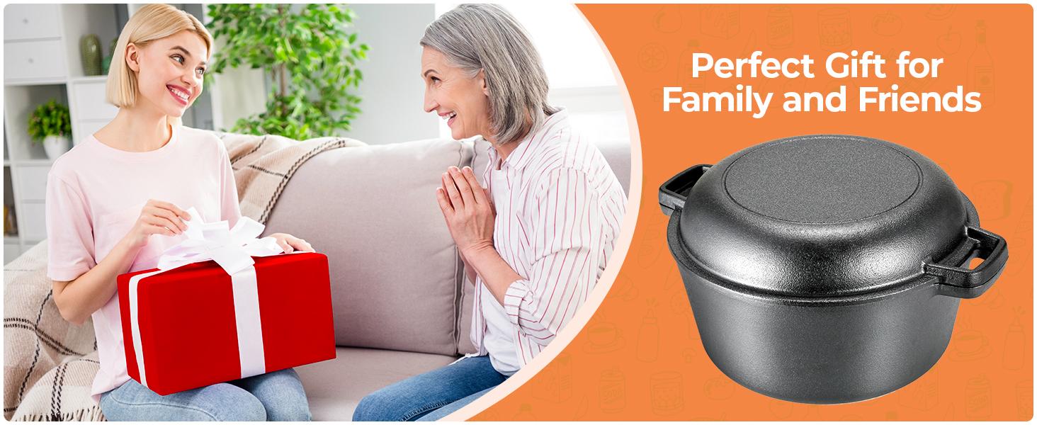 5.1-Quart Cast Iron Dutch Oven with Lid + 1.9-Quart Lid,Lid Doubles as Cast Iron Skillet with Silicone Handle Holders and Iron Stand,Versatile for Oven, Stove, BBQ, Grill, and Campfire Use, Ideal for Christmas